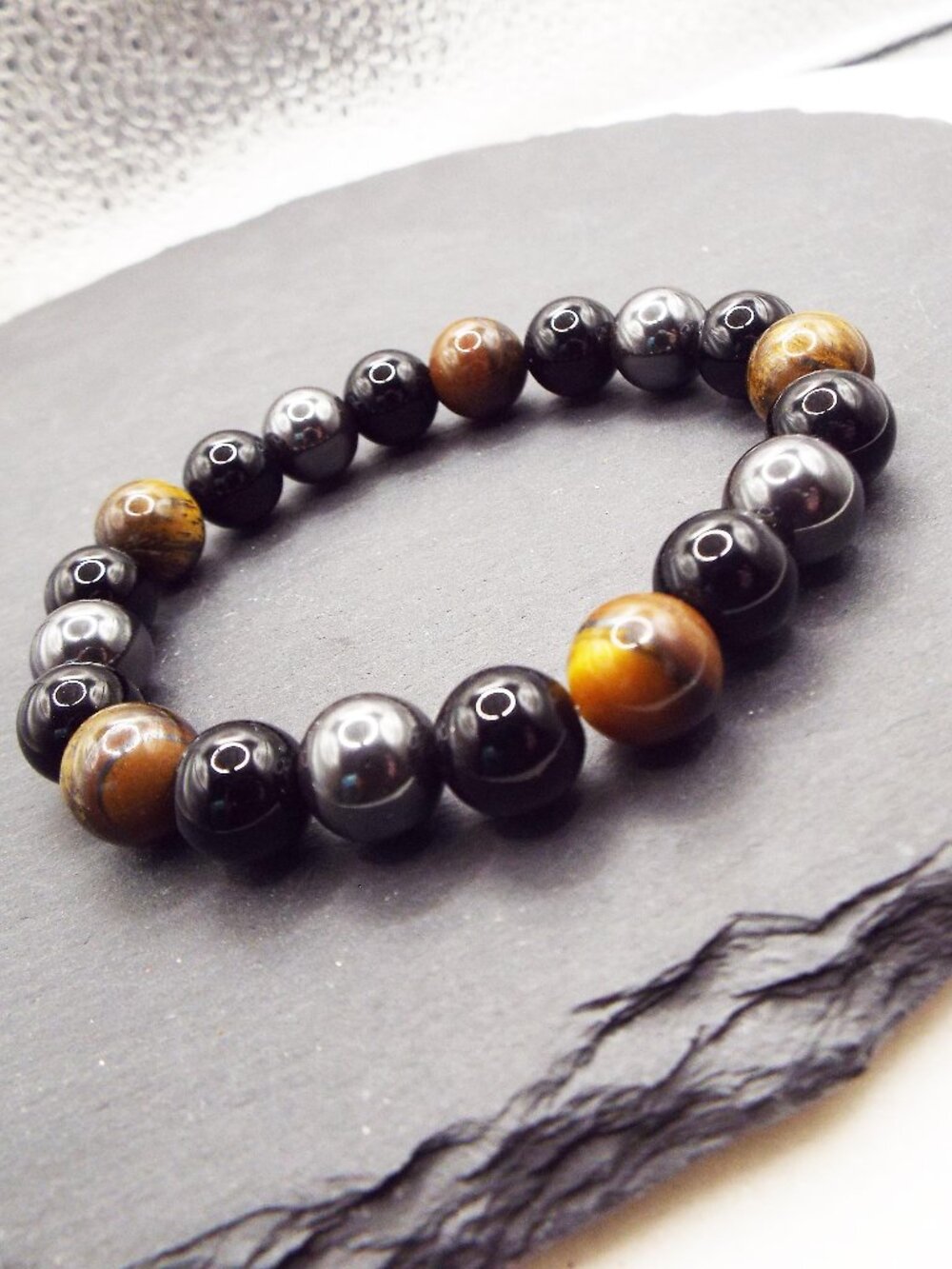TRIPLE POWER CHAKRA HEMATITE, TIGER'S EYE & ONYX 9.25MM BEADS STRETCH BRACELET K